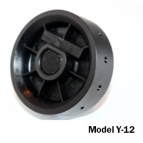 Top view of Jang seed roller Model Y-12 showing black circular roller with seed cells and central hub on white background