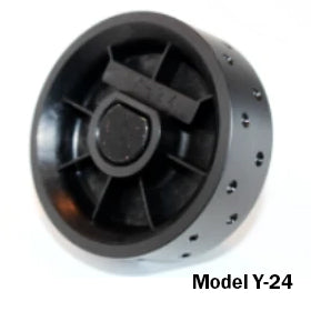 Front view of Jang seed roller Model Y-24 showing black plastic cylindrical roller with spoked hub on white background