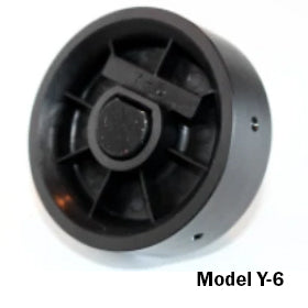 Three-quarter view of Jang seed roller Model Y-6 showing grooved plastic roller for precision seeding on white background