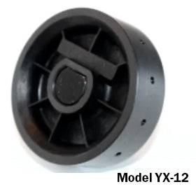 Angled view of Jang seed roller Model YX-12 showing star shaped seed plate and perforated black plastic housing on white background