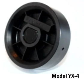 Front view of Jang seed roller model YX-4 showing black plastic metering wheel with central hub and notched seed-groove pattern on white background