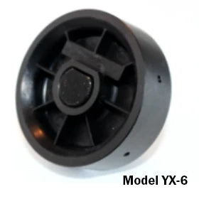 Front view of Jang seed roller model YX-6 showing black cylindrical plastic roller with central hub on white background
