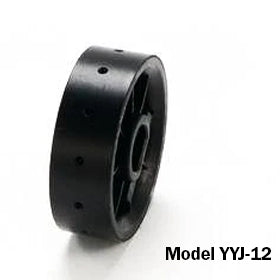 Front view of Jang seed roller Model YYJ-12 showing black plastic cylindrical roller with multiple seed holes on white background