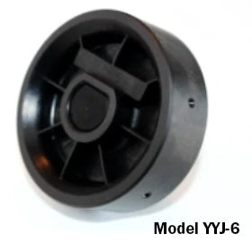 angled view of Jang seed roller showing black plastic cylindrical roller with internal spokes on white background