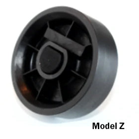 Front view of Jang Model Z seed roller showing black plastic wheel and three-spoke hub on white background