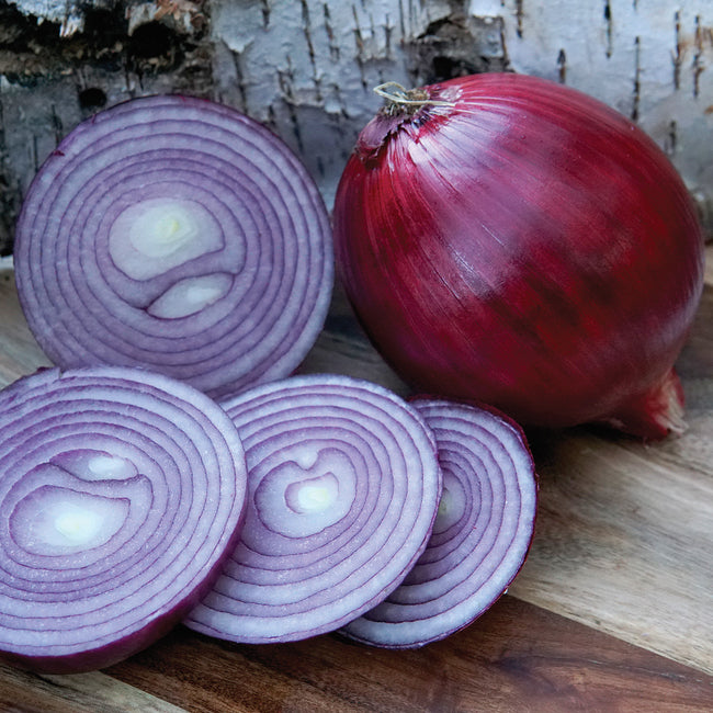Front view of Red Mountain storage onions showing whole deep-red bulbs and sliced rings revealing purple-white interior on wooden surface