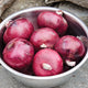 Top-down view of Monastrell red onions in a stainless steel bowl showing lustrous dark red, slightly flattened bulbs on a stone surface