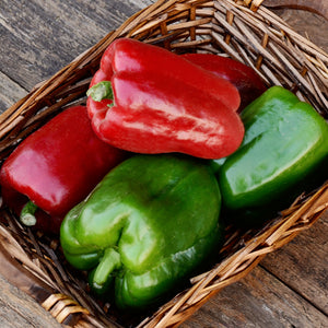 Close-up of California Wonder 300 bell peppers showing thick-walled, blocky green fruit beginning to turn red on a white background