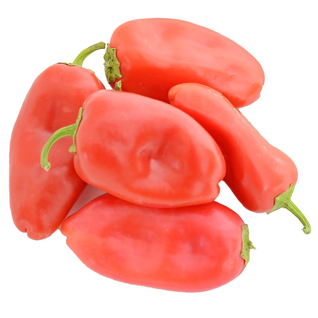 Front view of Red Sweetie pepper fruits showcasing bright red, snack-size blocky peppers with smooth skin on white background