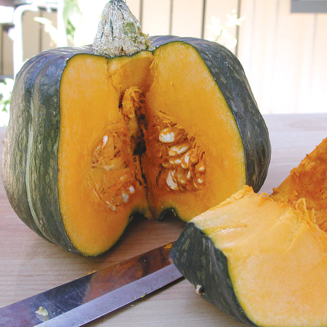 Three-quarter view of Buttercup winter squash cut open showing deep orange flesh, central seed cavity, and dark green skin on a cutting board
