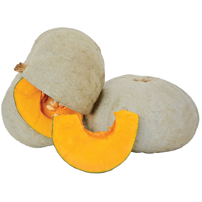 Front view of Sweet Meat winter squash, whole and halved, showing deep orange flesh and slate-gray rind on white background