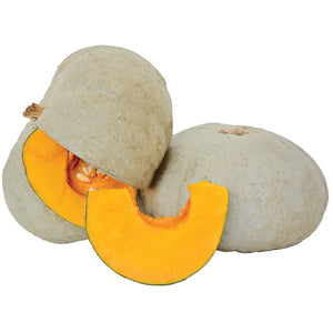 Front view of Sweet Meat winter squash, whole and halved, showing deep orange flesh and slate-gray rind on white background