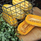 Front view of Delicata winter squash showing cream skin with green stripes and halved fruit revealing orange flesh