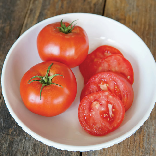Three-quarter view of Galahad tomato showing whole and sliced fruit with shiny crimson skin and meaty interior in a white bowl