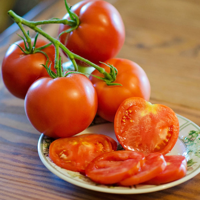 Close-up of Fantastic tomato showing sliced pieces and whole tomatoes with bright red, meaty interior on a plate