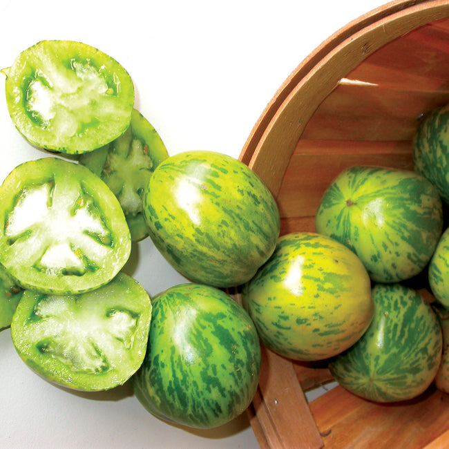 Front view of Green Zebra tomatoes showing green skin with olive and gold stripes, whole and sliced on a wood bowl background
