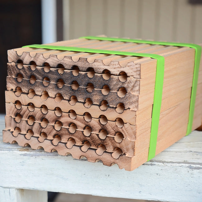 Angled view of Wood Trays nesting blocks showing rows of drilled tunnels for mason bees on a neutral background