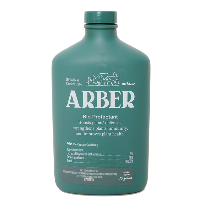 Front view of 16-ounce green bottle of Arber Bio Protectant fungicide concentrate showing product label