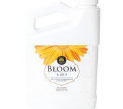 Front view of Age Old Bloom liquid fertilizer jug showcasing sunflower label and top handle on white background