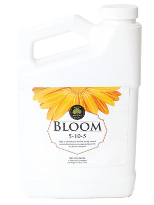 Front view of Age Old Bloom liquid fertilizer jug showcasing sunflower label and top handle on white background