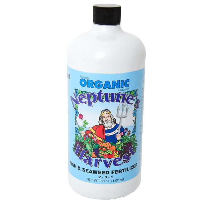 Front view of Neptune's Harvest organic fish and seaweed liquid fertilizer bottle showing label artwork and product name on white background