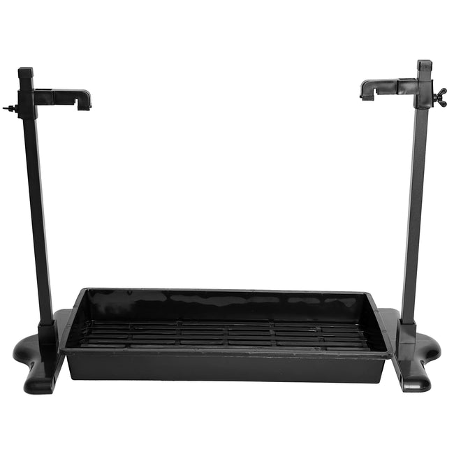 Front view of Sunblaster Universal Stand showing adjustable vertical support arms and included plastic drip tray on white background