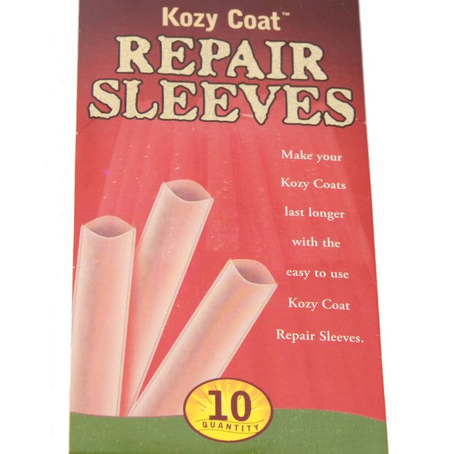 Front view of Kozy Coat Repair Sleeves packaging showing three translucent repair sleeves and a "10 quantity" badge on red background