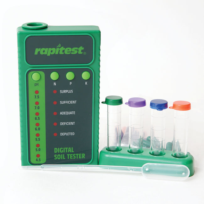 Front view of digital soil test kit showing handheld reader and color-coded test tubes on white background