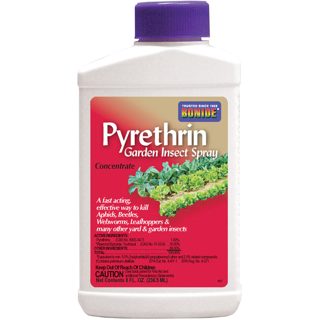 Front view of 8-ounce Pyrethrin Garden Insect Spray bottle showing red label and purple cap on white background