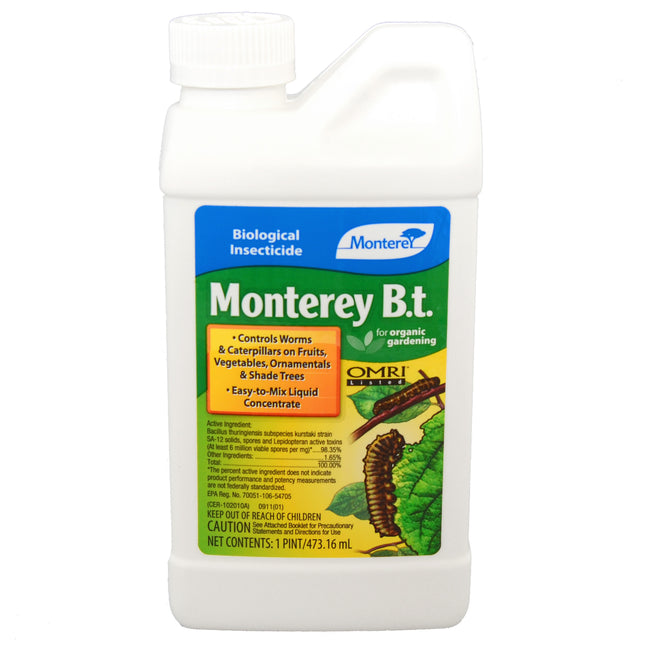 Front view of 1 pint Monterey B.t. biological insecticide bottle with OMRI seal and caterpillar on white background