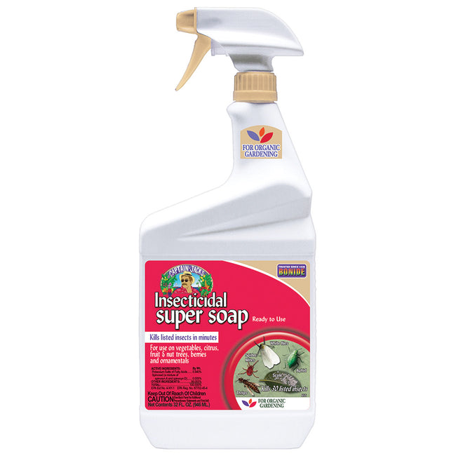 Front view of 1-quart Insecticidal Super Soap spray bottle showcasing trigger sprayer and product label on white background