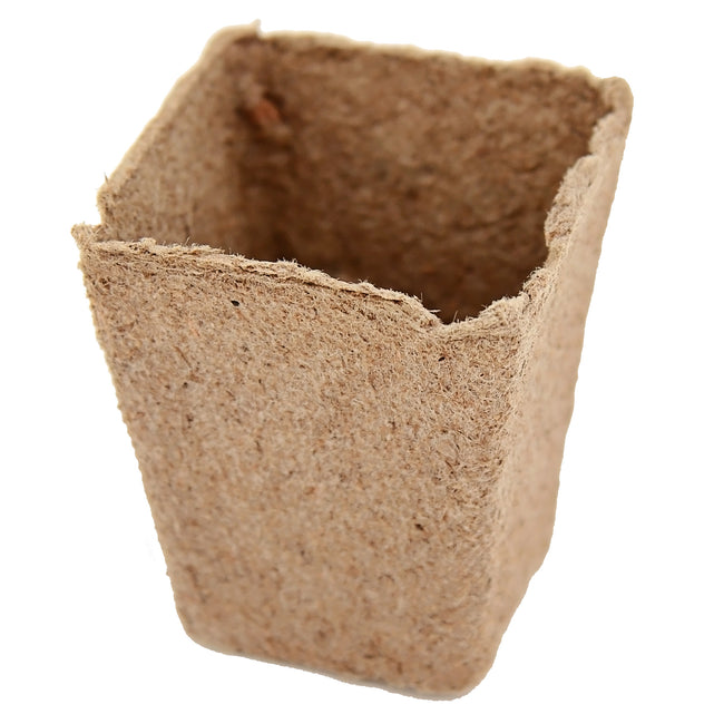 Front view of 2-inch square peat seed-starting pot showing natural brown biodegradable fiber on white background