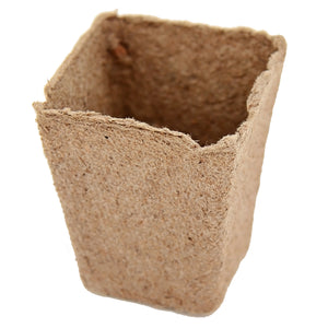 Front view of 2-inch square peat seed-starting pot showing natural brown biodegradable fiber on white background