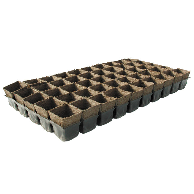 Top view of tray of 2-inch square peat pots showing biodegradable individual cells on white background
