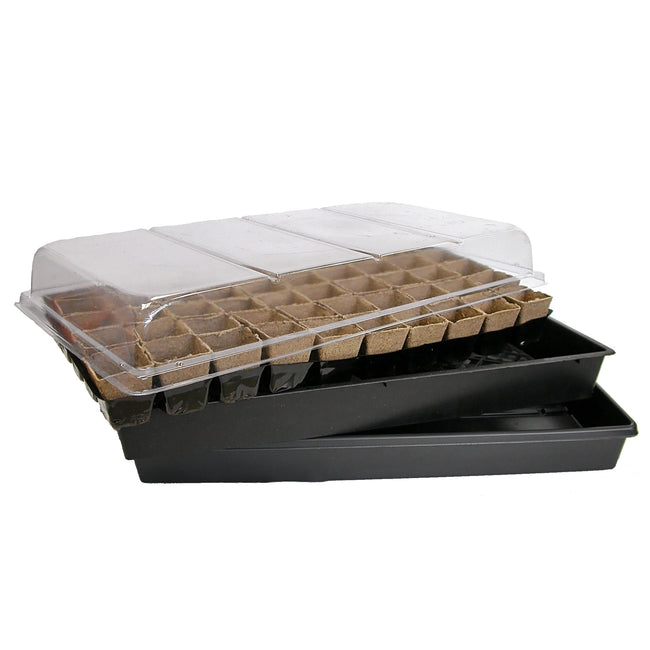 Front view of 2-inch square peat pot kit showcasing multiple peat pots in a black holding tray with a clear propagation dome