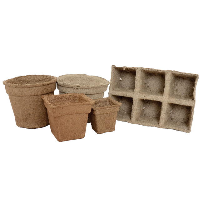 Front view of small cow pots made from composted cow manure for seed starting on white background