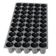 Angled view of 50-cell black plastic seed-starting tray showcasing round 2 inch diameter tapered cells about 2 1/4 inches deep on white background