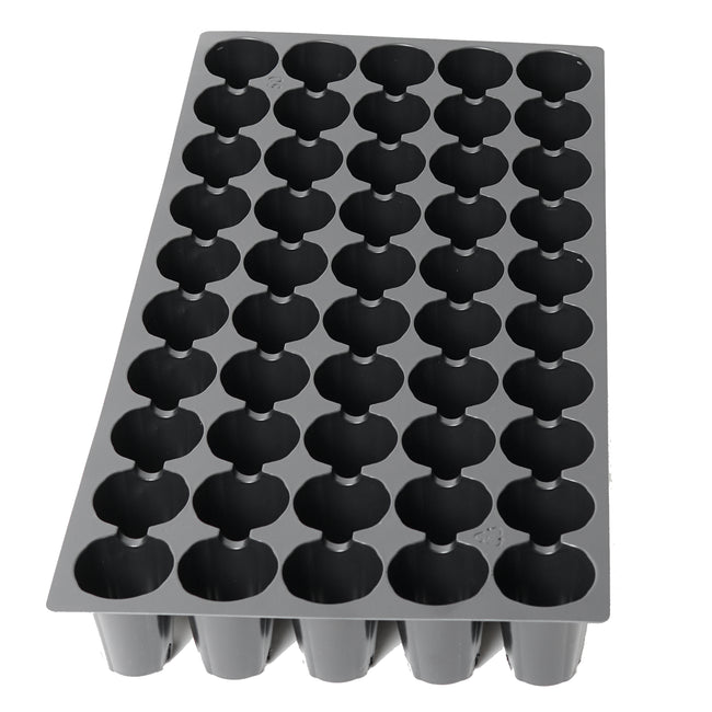 Angled view of 50-cell black plastic seed-starting tray showcasing round 2 inch diameter tapered cells about 2 1/4 inches deep on white background