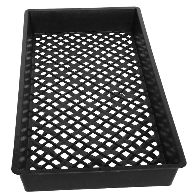 Angled top view of mesh-bottom flat showcasing diamond lattice drain floor and nesting side walls on white background