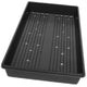 Angled top view of black plastic utility flat showing ribbed drain channels and nesting lip on white background