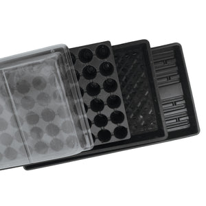 Angled top-down of propagation kit with clear dome, 50-cell insert, mesh bottom tray and utility flat on white background