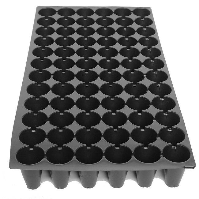 Angled top view of 72-cell black plastic insert tray showing round tapered seed cells for starting seedlings on white background