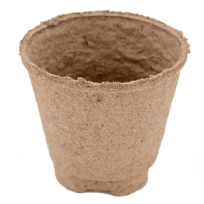 Front view of biodegradable peat pot showing tapered shape and coarse peat fiber texture on white background