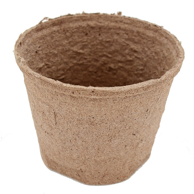 Front view of 2-inch peat pot showing biodegradable fiber texture on white background