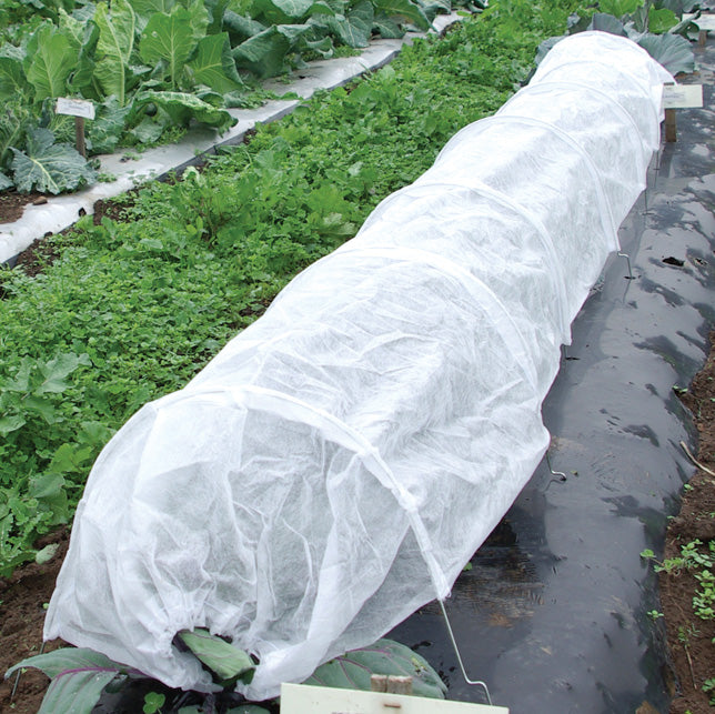 Front view of fleece tunnel row cover showing sewn-in wire hoops forming a low white tunnel over a garden row