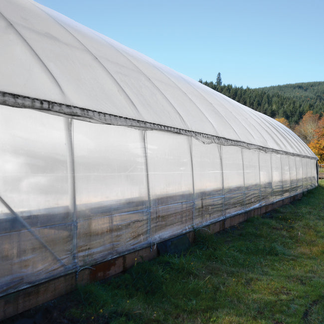 Side view of Tufflite IV cold-frame covering over PVC hoop tunnel showing translucent white 6-mil plastic on grass