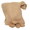 Front view of burlap potato storage bag showing coarse jute material with four potatoes on white background