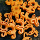 Top view of tangerine C-Bite stake clips piled together showing hook attachments and holes for twine on white background