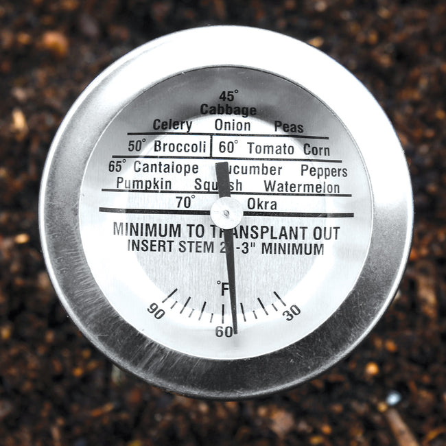 Top view of soil thermometer showing zoned dial with planting temperature ranges 30-90 F and stainless steel bezel in soil