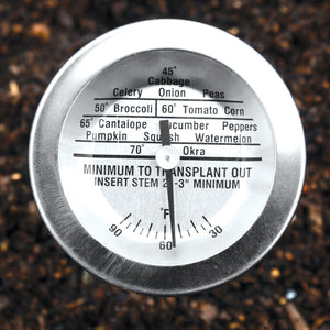 Top view of soil thermometer showing zoned dial with planting temperature ranges 30-90 F and stainless steel bezel in soil
